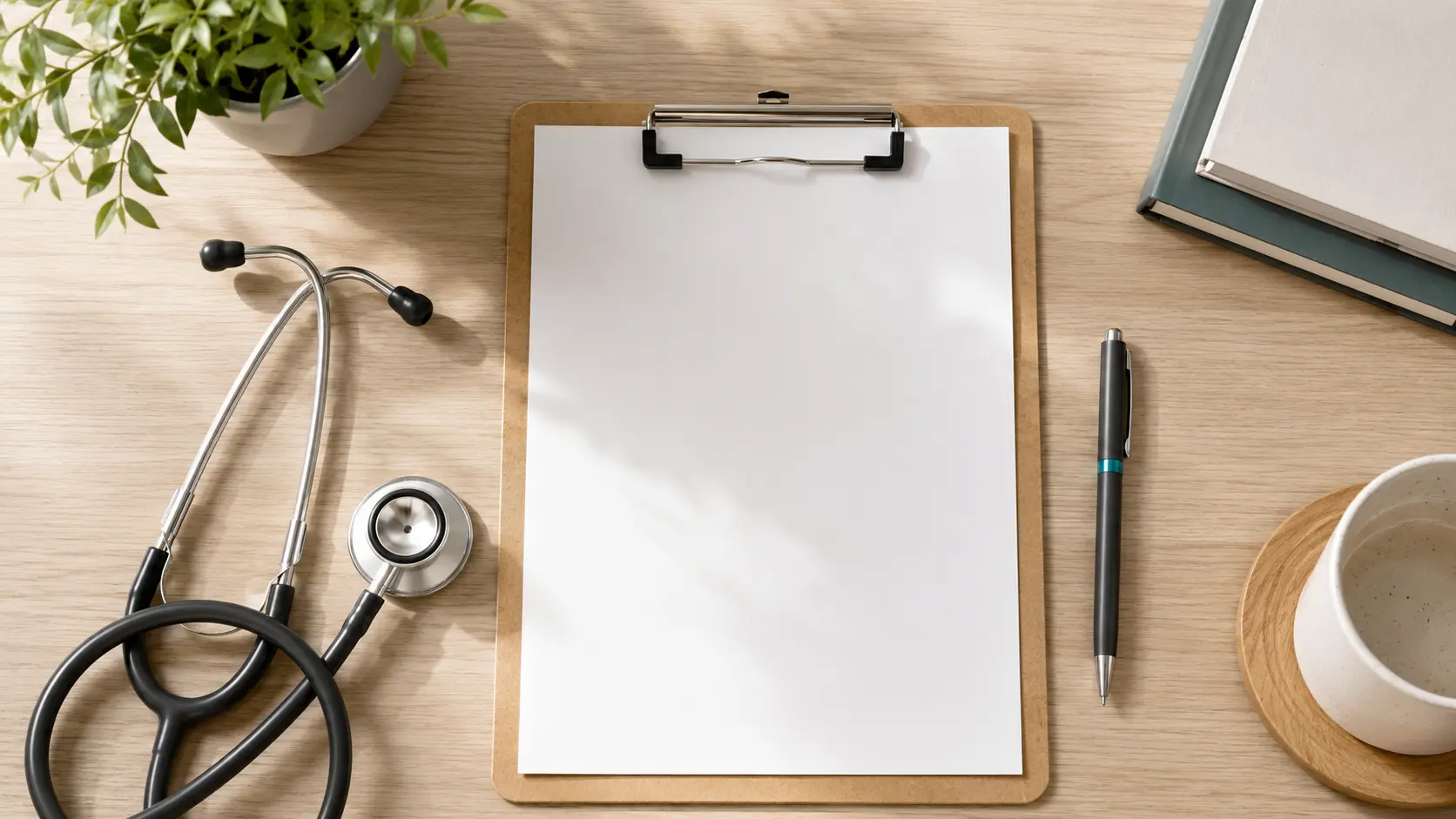 Mesa de consultório médico com estetoscópio e pedido de exames em branco, representando avaliação criteriosa de exames de check-up