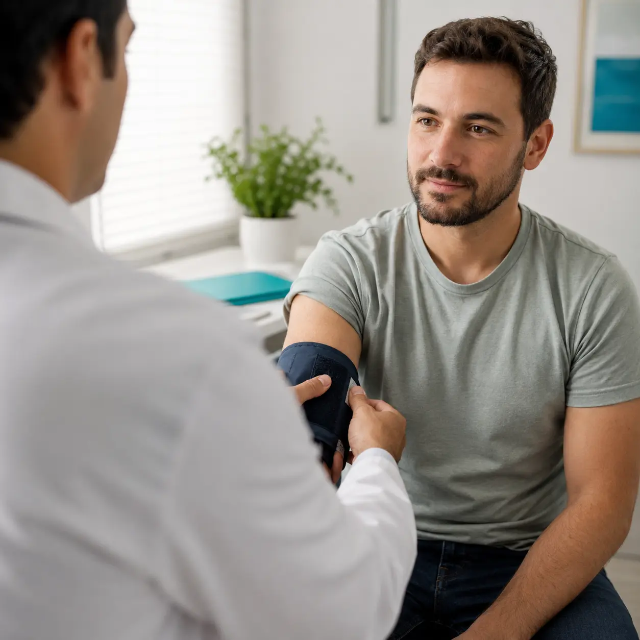 Médico de família realizando check-up preventivo em paciente adulto