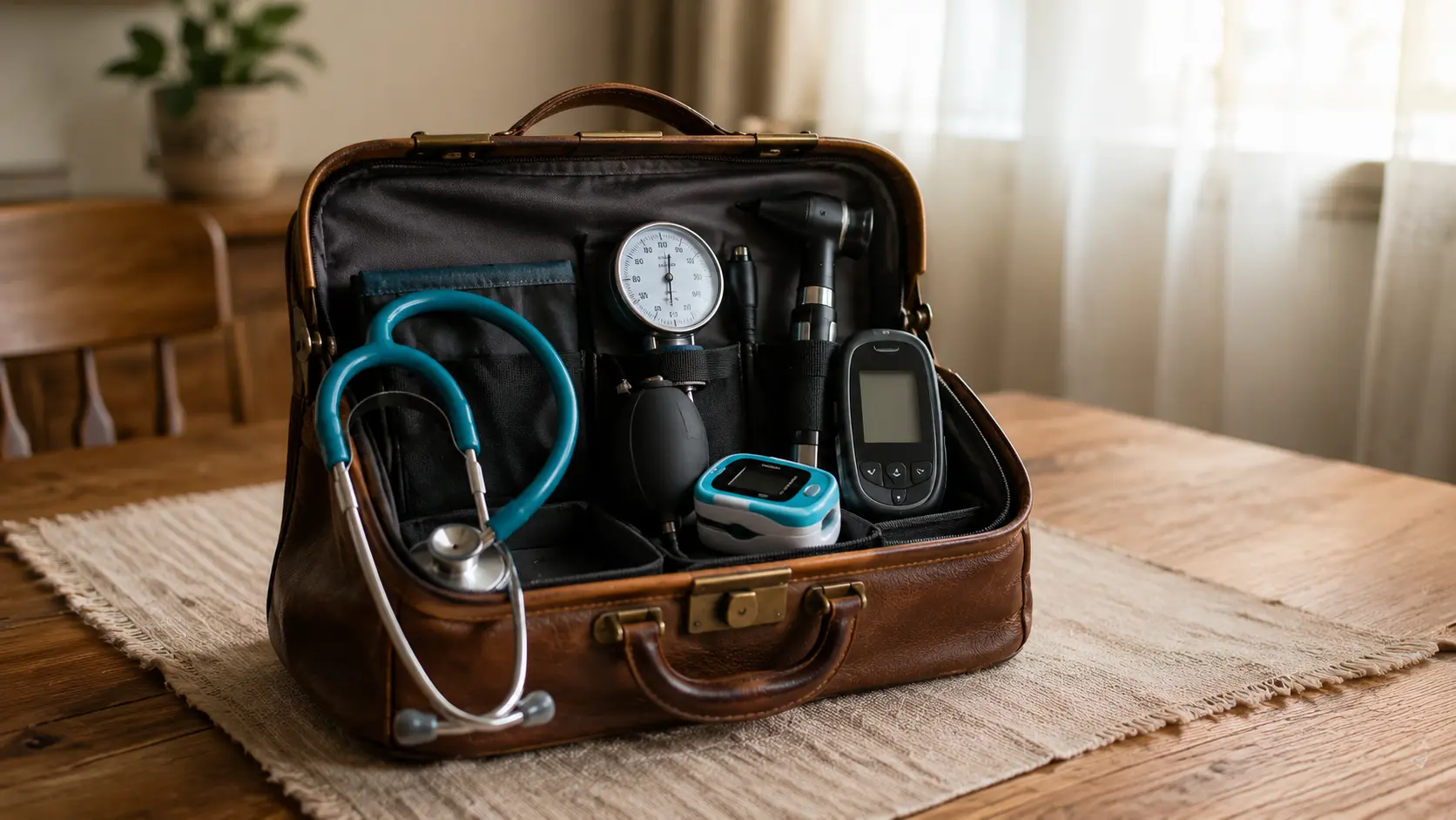 Maleta médica aberta com estetoscópio, oxímetro e demais instrumentos para consulta domiciliar