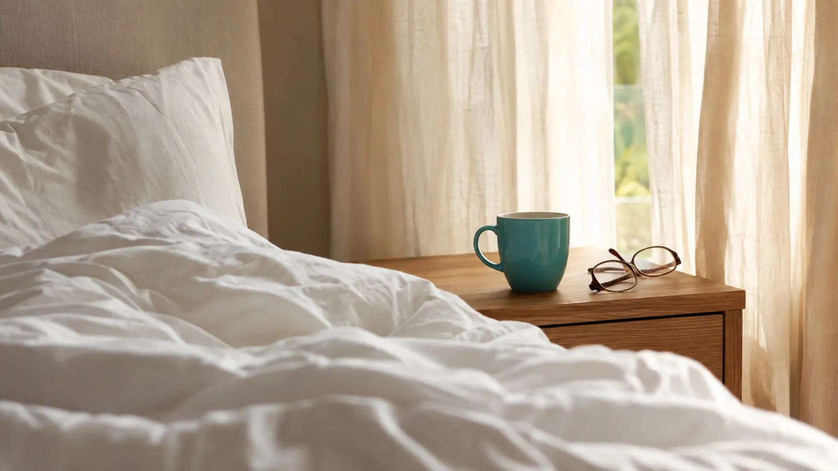 Cama desfeita ao lado de mesa de cabeceira com caneca em tom azul-teal, iluminada pela luz da manhã