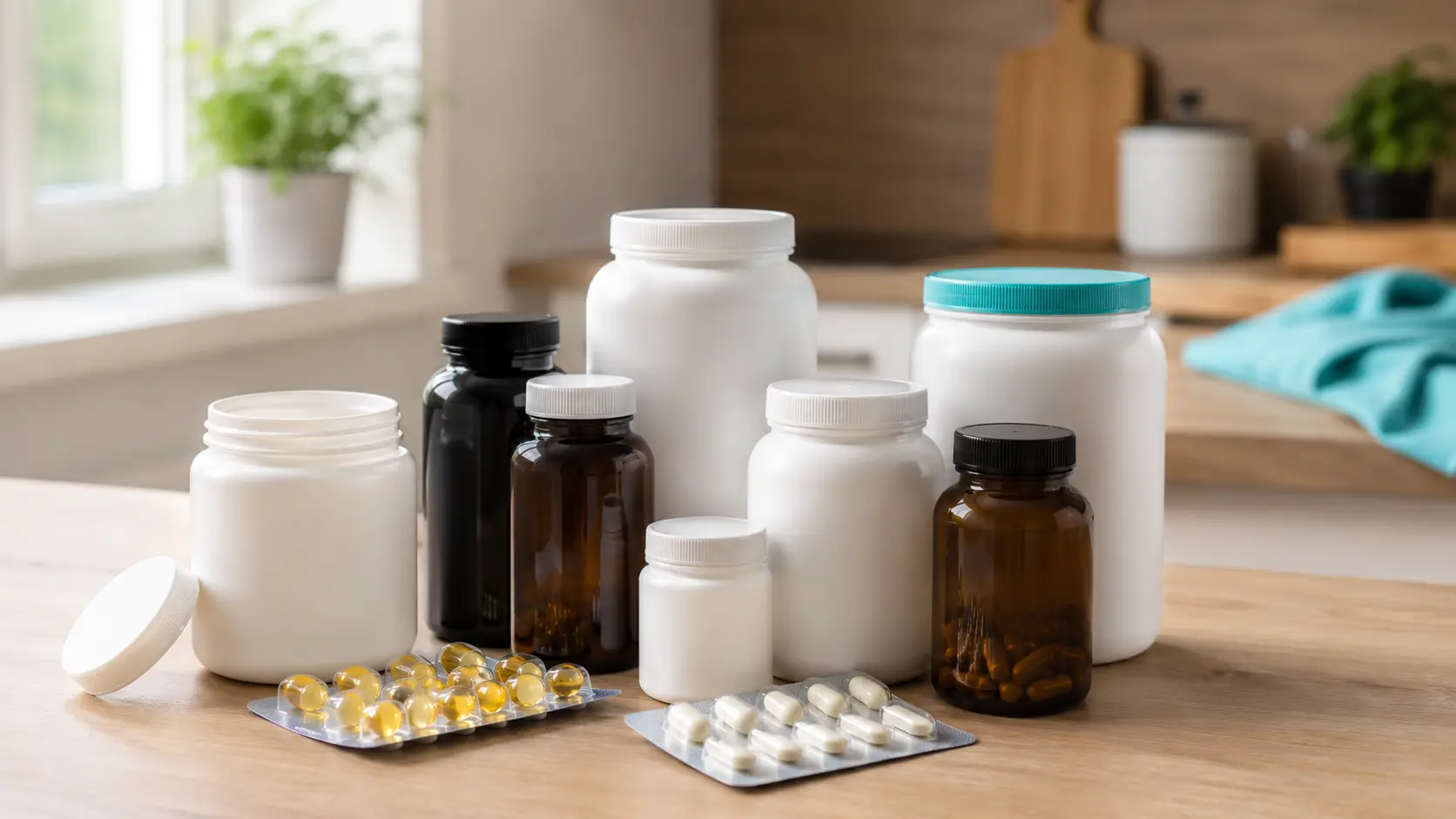 Frascos e potes de suplementos alinhados em bancada de cozinha com luz natural